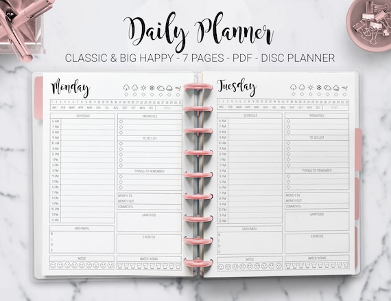 Daily Planner Day Planner Work Planner Weekly Planner Hourly Planner Mambi  Classic HP Big Happy Planner PDF Printable Inserts 