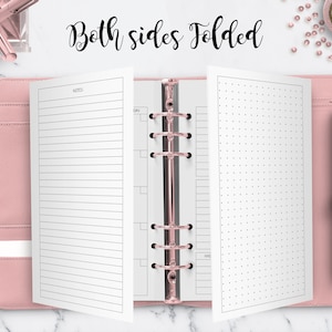 May include: A pink leather bound planner with a rose gold ring binder. The planner is open to a page with lined paper on the left and a page with a dotted grid on the right. The text "Both sides folded" is written in black cursive at the top of the image.