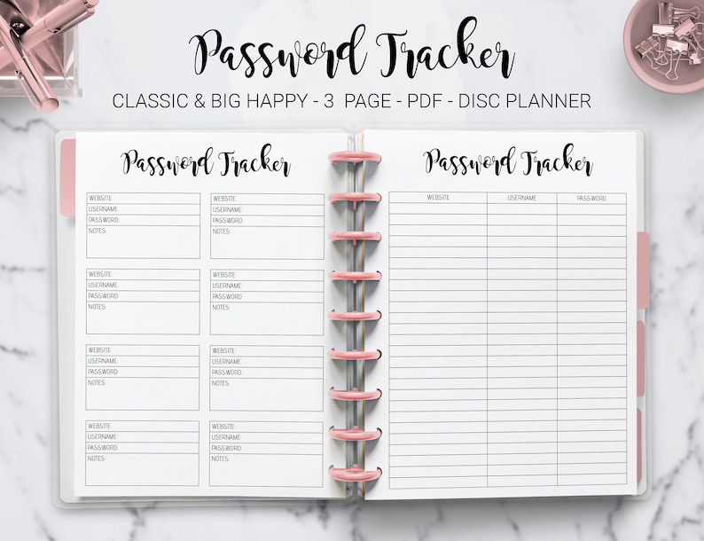 May include: A printable password tracker planner with the title "Password Tracker" in black text. The planner is designed for a disc planner system and has three pages. The planner has columns for website, username, password, and notes.
