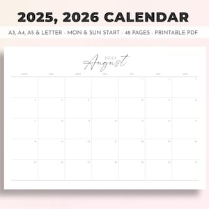 Calendario 2025 Planificador mensual 2025 Horizontal Domingo y lunes Inicio A4 Carta A5 A3 Calendario de pared Plantilla de calendario mensual imprimible