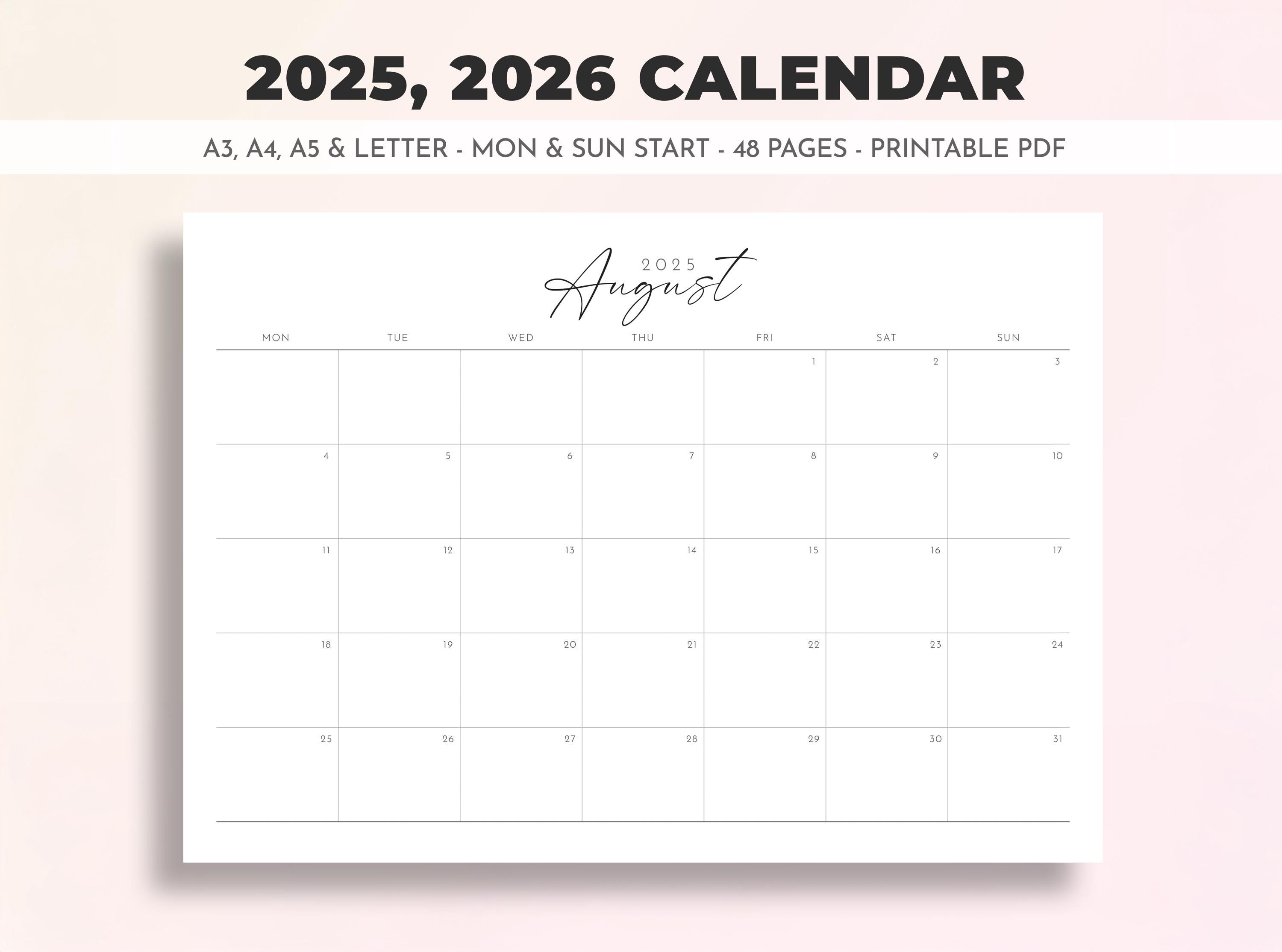 2025 Calendar 2025 Monthly Planner Landscape Sunday & Monday Start A4 Letter A5 A3 Wall Calendar Printable Monthly Calendar Template