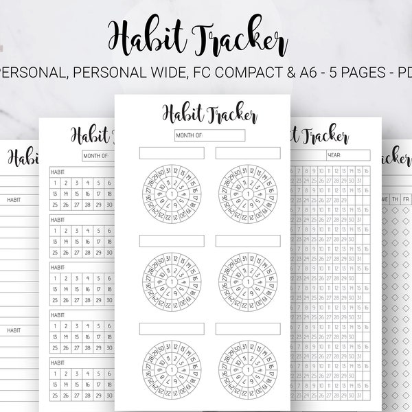 Habit Tracker Monthly Yearly Circular Habit Tracker Bullet Journal Round Chart Filofax Personal Wide A6 FC Compact PDF Printable Inserts