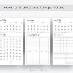 Op de afbeelding: Een printbaar maandelijks financieel paginaformulier met secties voor een 2000-uitdaging, een vakantiebudget en geschenken, en een decemberkalender.