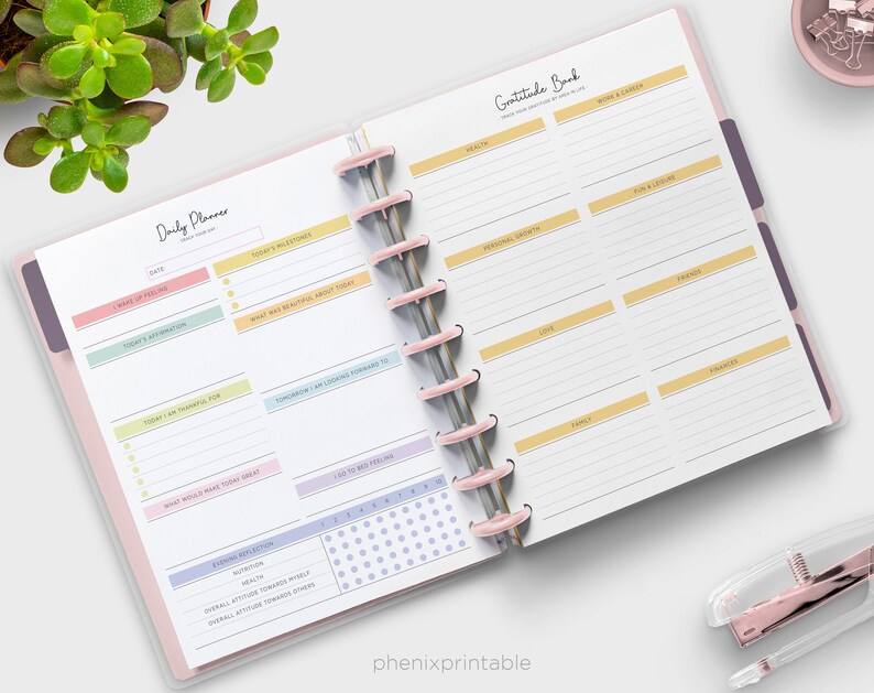 May include: A printable daily planner and gratitude journal with pink, yellow, and blue accents. The planner includes sections for daily reflections, gratitude, and milestones. The journal has sections for health, home and career, fun and leisure, love, family, friends, and finances.