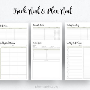 May include: Printable meal planner pages with sections for meal ideas, favorite foods, pantry inventory, weekly meal planner, and a recipe card. The pages are white with black text and lines.