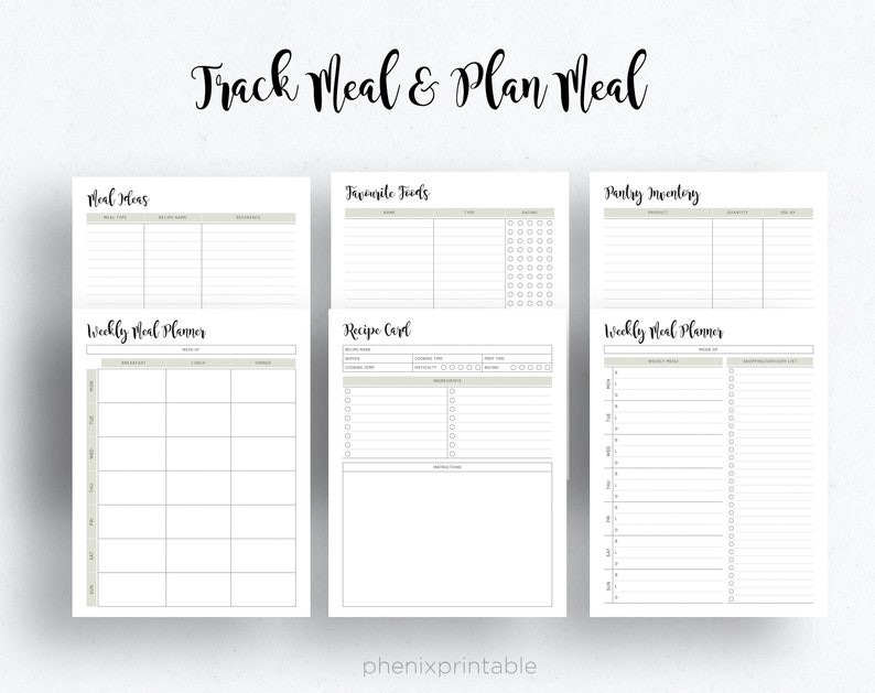 May include: Printable meal planner pages with sections for meal ideas, favorite foods, pantry inventory, weekly meal planner, and a recipe card. The pages are white with black text and lines.