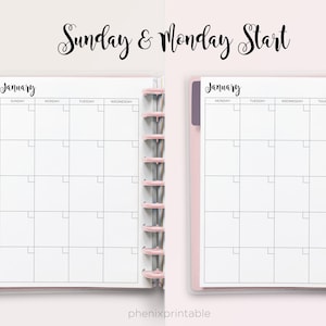 May include: Two planner pages with the text Sunday & Monday Start and January. Each page features a grid calendar layout with black lines on white paper, held by pink disc-bound rings. The left page starts on Sunday, the right page on Monday.