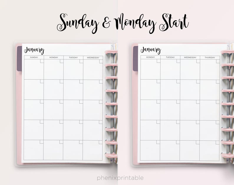May include: Two planner pages with the text Sunday & Monday Start and January. Each page features a grid calendar layout with black lines on white paper, held by pink disc-bound rings. The left page starts on Sunday, the right page on Monday.