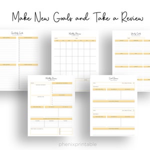 May include: Printable goal setting and review worksheets with headings for quarterly, monthly, and yearly goals. The worksheets include sections for goal setting, monthly planner, and goal review.