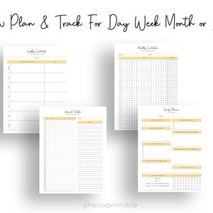 May include: Four printable planner pages with a yellow and white color scheme. The pages are titled "Weekly Gratitude", "Monthly Gratitude", "Annual Tracker", and "Daily Planner".