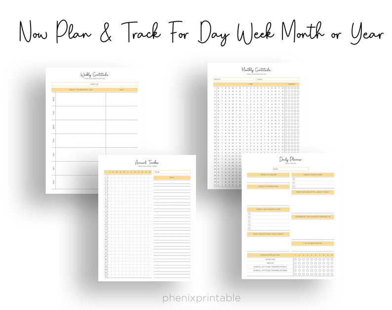 May include: Four printable planner pages with a yellow and white color scheme. The pages are titled "Weekly Gratitude", "Monthly Gratitude", "Annual Tracker", and "Daily Planner".