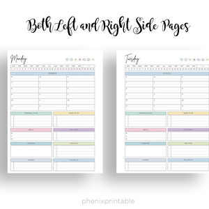 May include: Printable planner pages with a light blue, yellow, pink, and green color scheme. The pages are labeled "Monday" and "Tuesday" and include sections for schedule, personal to do, work to do, meals, exercise, meetings, errands, and follow up.