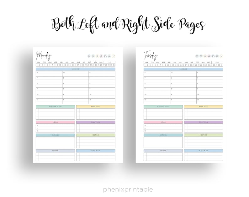 May include: Printable planner pages with a light blue, yellow, pink, and green color scheme. The pages are labeled "Monday" and "Tuesday" and include sections for schedule, personal to do, work to do, meals, exercise, meetings, errands, and follow up.