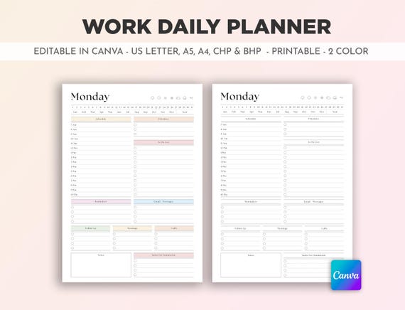 Daily Planner Printable: Work, Weekly, Hourly (US Letter, A4, Canva Editable PDF)