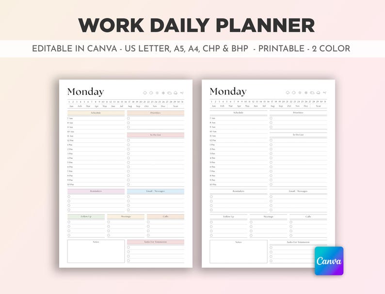 Planificador diario imprimible: Trabajo, Semanal, Por horas (Carta EE. UU., A4, PDF editable en Canva) imagen 1