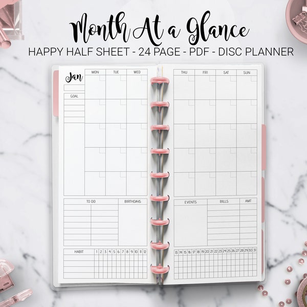 Month at a Glance Monthly Planner Undated Monthly Layout Agenda Skinny Classic Half Sheet Happy Planner Mambi PDF Printable Inserts
