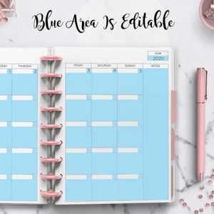 May include: A weekly planner with a light blue background. The planner has a section for each day of the week, Wednesday through Sunday. The year 2020 is printed at the top of the planner. The text "Blue Area Is Editable" is printed at the top of the planner.