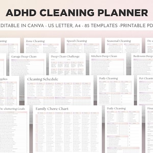 Puede incluir: Un planificador de limpieza para TDAH imprimible con múltiples plantillas, incluyendo horarios de limpieza semanal y por zonas. El planificador es editable en Canva y está disponible en tamaños US Letter y A4. El diseño presenta una paleta de colores suaves para organizar tareas.
