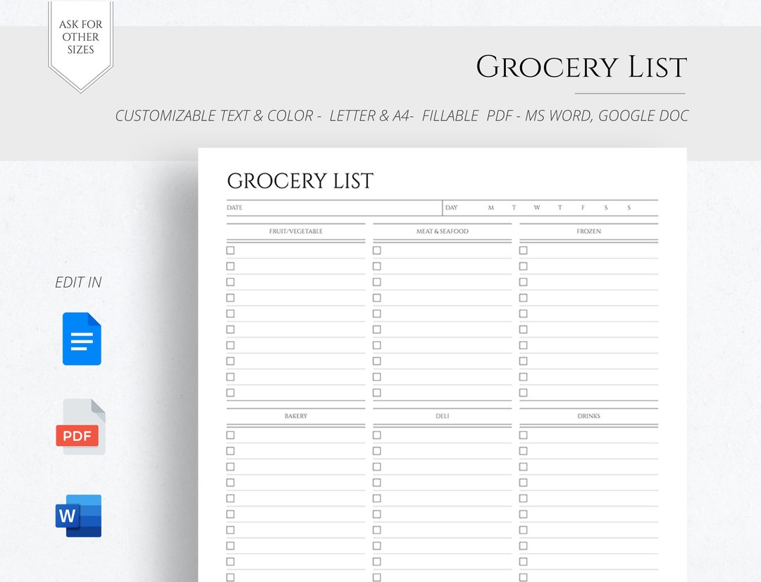 EDITABLE Grocery List Printable Template Grocery Planner Food Shopping ...