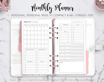 Month at a Glance Monthly Planner Undated Monthly Layout Agenda Habit Filofax Personal A6 FC Compact Personal Wide PDF Printable Inserts