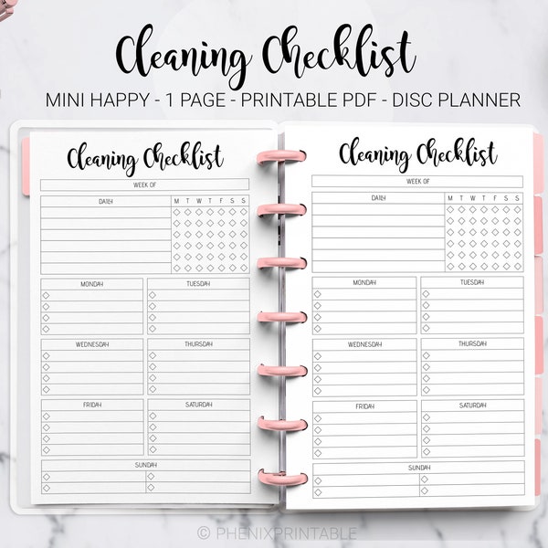Cleaning Checklist Home Management Weekly Chores Monthly Cleaning Mini Mambi Happy Planner Discbound HP Mini Planner PDF Printable Insert