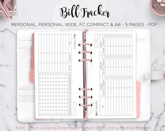 Bill Tracker Payment Organizer Yearly Monthly Bill Finance Planner Filofax Personal A6 FC Compact Personal Wide PDF Printable Inserts