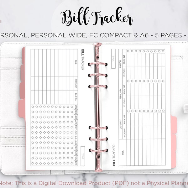 Bill Tracker Payment Organizer Yearly Monthly Bill Finance Planner Filofax Personal A6 FC Compact Personal Wide PDF Printable Inserts