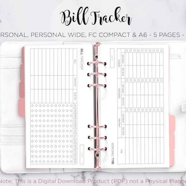 Bill Tracker Printable Inserts: A6, Personal, FC Compact (PDF)