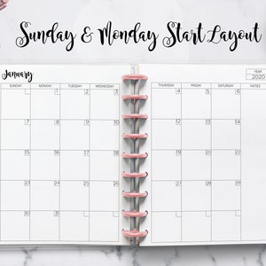May include: A monthly planner with a white background and black text. The planner is for January 2020 and has a Sunday and Monday start layout. The planner has a section for notes.