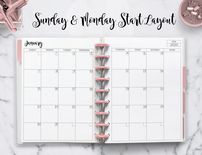 May include: A monthly planner with a white background and black text. The planner is for January 2020 and has a Sunday and Monday start layout. The planner has a section for notes.