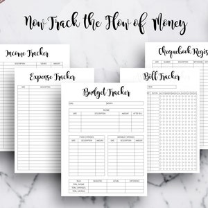 May include: A set of printable budget trackers, including an income tracker, expense tracker, budget tracker, chequebook register, and bill tracker. Each tracker has a simple design with black text on a white background.