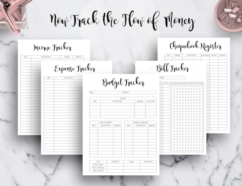 May include: A set of printable budget trackers, including an income tracker, expense tracker, budget tracker, chequebook register, and bill tracker. Each tracker has a simple design with black text on a white background.