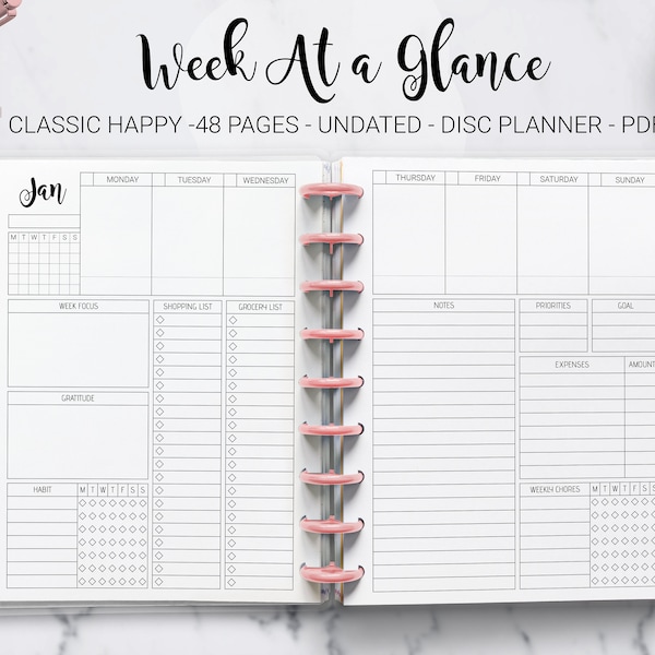 Week at a Glance Weekly Planner Undated Weekly Layout Agenda Mambi Classic Erin Condren Happy Planner HP Editable PDF Printable Inserts