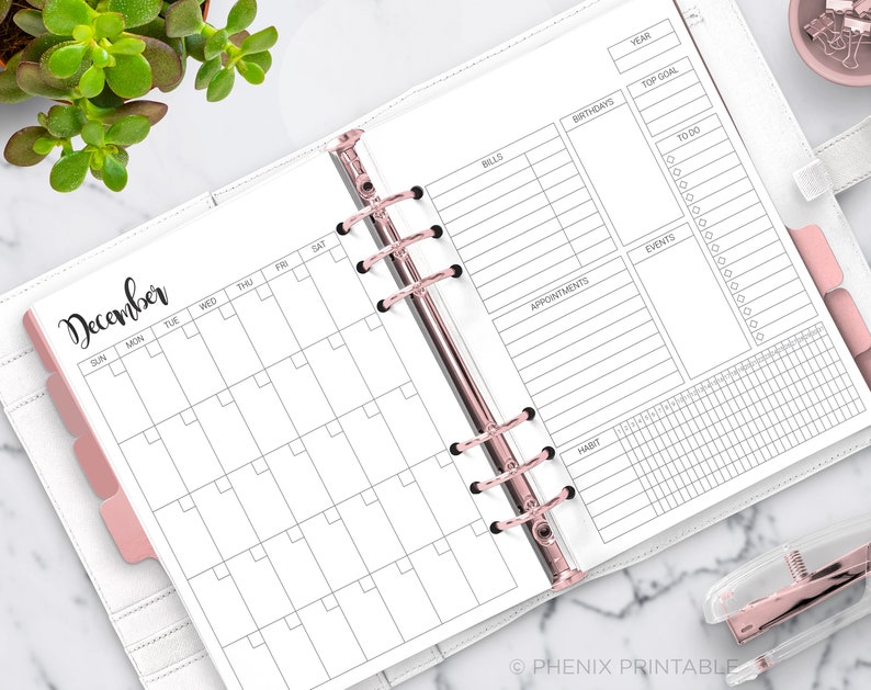 Month at a Glance Monthly Planner Calendar Undated Bill Habit Tracker To Do List Daily Planner A5 A4 Letter Half Size PDF Printable Insert image 2