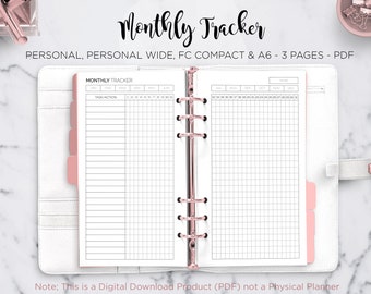 Monthly Tracker Goal Tracker Minimal Planner Habit Tracker Daily Routine Tasks Filofax Personal Wide A6 FC Compact PDF Printable Inserts