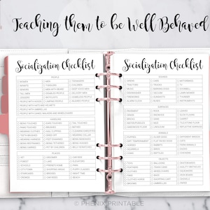 May include: A printable checklist for teaching children socialization skills. The checklist is divided into three categories: people, sounds, and surfaces. Each category has a list of items to check off, such as being touched, wearing clothes, and hearing different sounds.