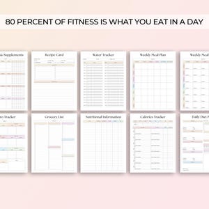 May include: Printable planner pages for tracking nutrition and fitness. The pages include sections for vitamins and supplements, recipe cards, water tracker, weekly meal plans, macro tracker, grocery list, nutritional information, calorie tracker, and daily diet plan.