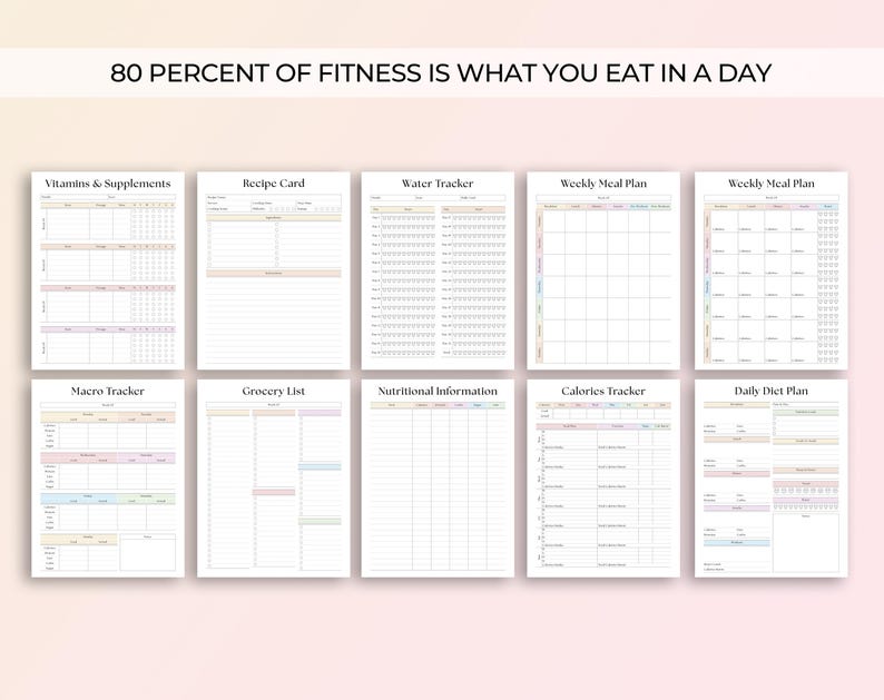 May include: Printable planner pages for tracking nutrition and fitness. The pages include sections for vitamins and supplements, recipe cards, water tracker, weekly meal plans, macro tracker, grocery list, nutritional information, calorie tracker, and daily diet plan.