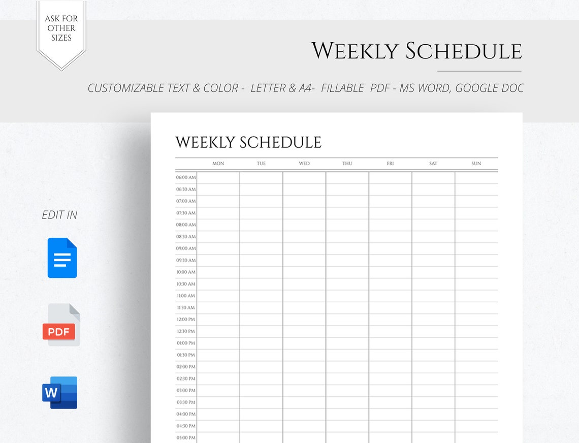 Editable Weekly Hourly Schedule Template (PDF, Word, Google Doc) - Etsy
