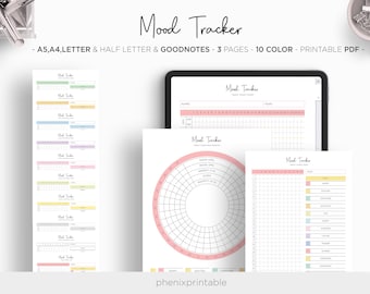 Mood Tracker Monthly Yearly Mood Chart Bullet Journal Planner Digital Goodnotes iPad Planner A5 A4 Letter Half Size PDF Printable Inserts