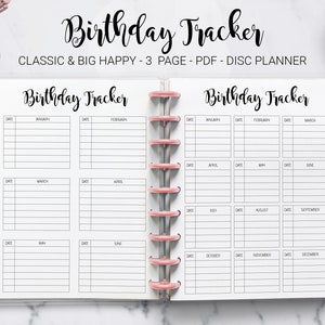May include: A printable birthday tracker planner with a white background and black text. The planner is divided into 12 months, with each month having a separate section for recording birthdays. The planner is designed for use with a disc planner system.