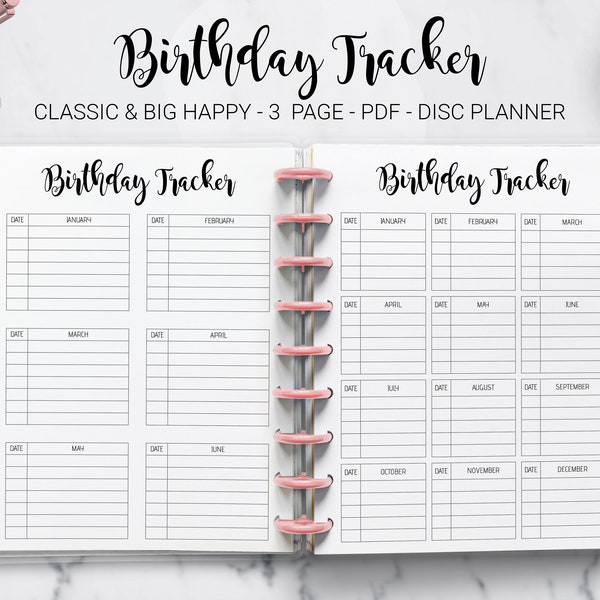 Birthday Tracker Birthday Log Anniversary Calendar Bullet Journal Bujo Mambi Classic HP Big Happy Planner PDF Printable Inserts