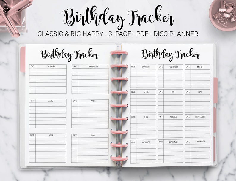 Birthday Tracker Birthday Log Anniversary Calendar Bullet Journal Bujo Mambi Classic HP Big Happy Planner PDF Printable Inserts 