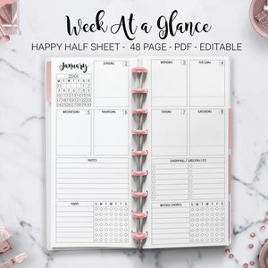 Week at a Glance Weekly Planner Undated Weekly Layout Agenda Skinny Classic Discbound Half Sheet Happy Planner Mambi PDF Printable Inserts