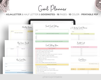 Goal Planner Tracker SMART Goal Setting Kit Monthly Habit Productivity Goodnotes iPad Planner A5 A4 Letter Half Size PDF Printable Insert