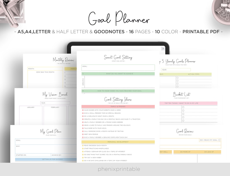 May include: A printable goal planner with 16 pages in 10 colors. The planner includes sections for monthly reviews, vision boards, goal setting, yearly goals, bucket lists, and goal reviews. The planner is designed for use with Goodnotes.
