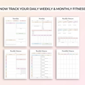 May include: Printable fitness tracker pages with pastel colours. The pages include daily, weekly, and monthly trackers for fitness goals.