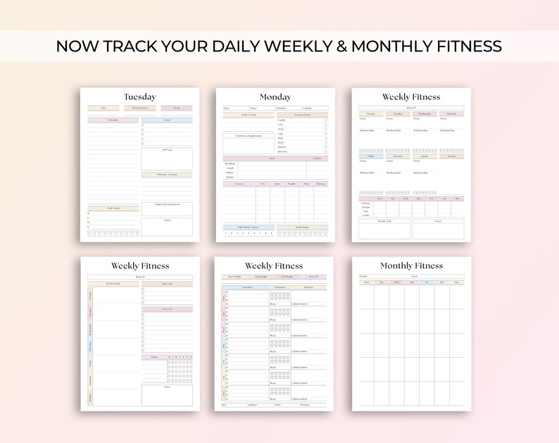 May include: Printable fitness tracker pages with pastel colours. The pages include daily, weekly, and monthly trackers for fitness goals.