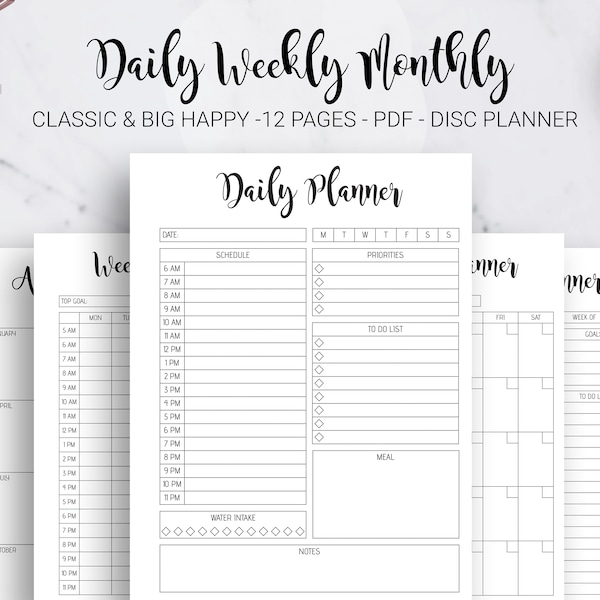Daily Monthly Weekly Planner Schedule Routine Planner Essentials Hourly Planner Mambi Classic HP Big Happy Planner PDF Printable Inserts