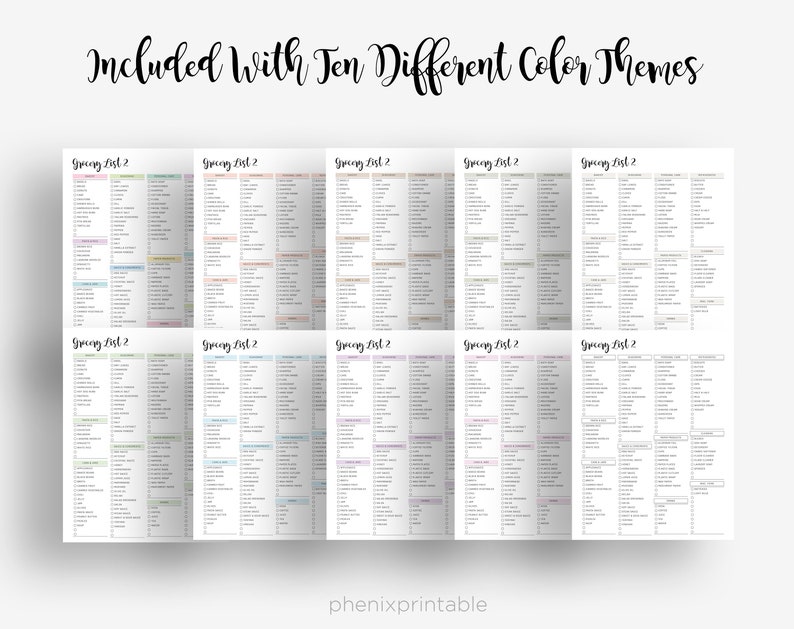 May include: Ten different printable grocery list templates with various color themes. Each list features a simple design with a title that says "Grocery List 2".